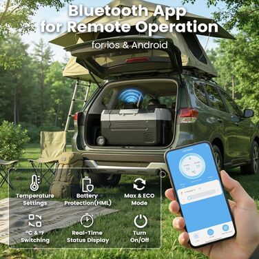 Автомобільний холодильник KROAK 35л з Bluetooth, двозонний (-20°C/+20°C), 12/24/230V. Для кемпінгу, авто, вантажівок, будинків на колесах. З колесами, перегородкою та обробною дошкою.
