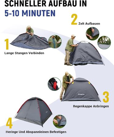 Намет для кемпінгу KingCamp на 2-3 особи, водонепроникний (3000 мм), сірий