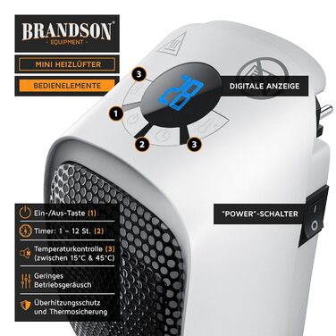Керамічний обігрівач Brandson з термостатом, цифровим дисплеєм та захистом від перегріву, 400Вт, для ванної та спальні