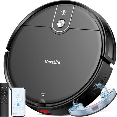 Робот-пилосос VersLife L6 з функцією миття, 4000Pa, керування через додаток, Alexa, до 120 хвилин роботи, ультратонкий дизайн, для видалення шерсті тварин, килимів та твердих підлог, чорний