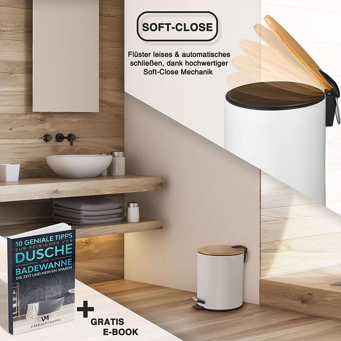 Косметичний відро для сміття VMbathrooms 5 л, білий, з бамбуковою кришкою, педаллю та Soft Close, для ванної кімнати