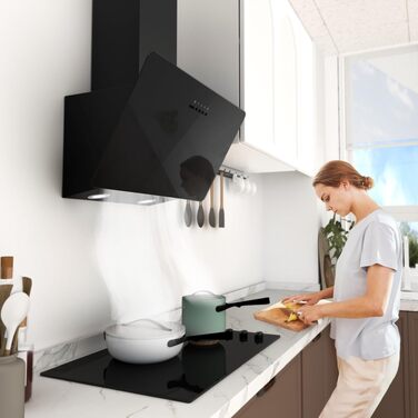 Похила витяжка для кухні FIREGAS 60 см, чорна, з LED-підсвіткою, безщеточним мотором та режимами відводу/рециркуляції повітря, клас енергоефективності A++