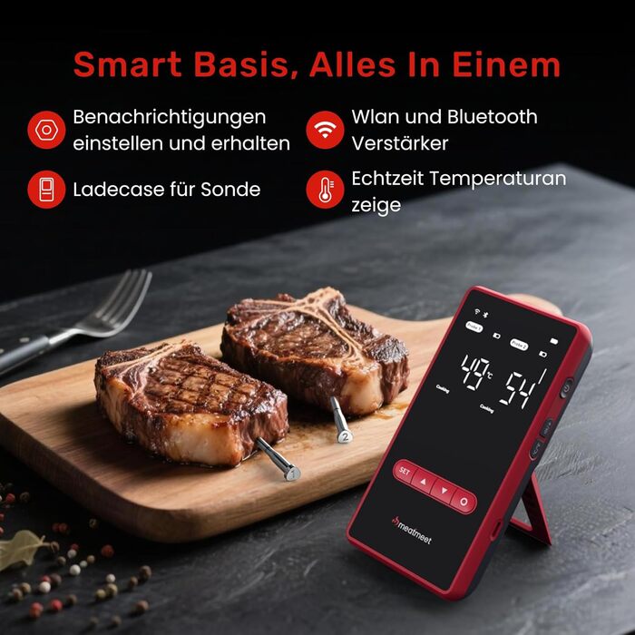 Smart термометр для м'яса Meatmeet X Pro з Bluetooth та Wi-Fi, 2 зонди, 6 сенсорів, нержавіюча сталь, IP69, до 582°C, для гриля, духовки, фритюрниці