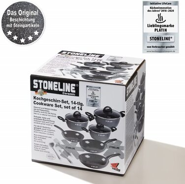 STONELINE керамічний набір каструль для індукції, 14 предметів, антипригарне кухонне приладдя з кришками, без PFAS, з кам'яними частками, антрацит