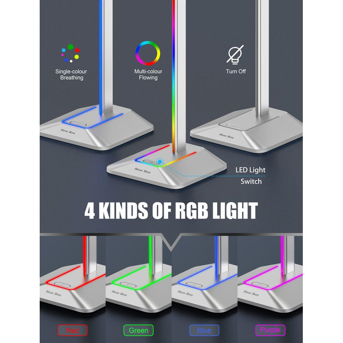 Підставка для навушників New bee RGB з USB Type-C, універсальна підставка для геймерських навушників, зарядка та передача даних, колір сріблястий