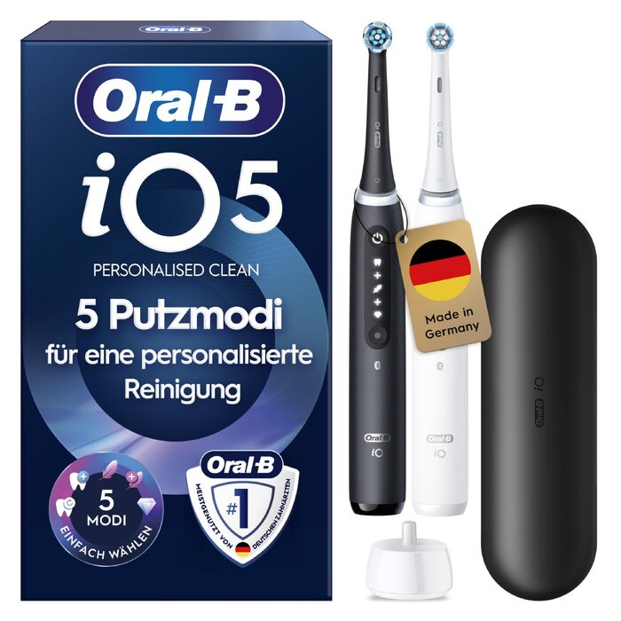 Електрична зубна щітка Oral-B iO Series 5, набір з 2 шт. (чорна та біла), 2 змінні насадки та футляр