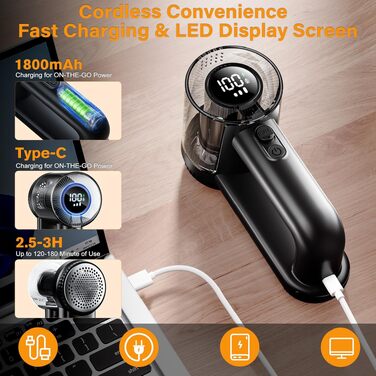 Електрична машинка для видалення ковтушків 1800mAh, USB-зарядка, 3 швидкості, LED-дисплей, набір з 3 змінних лез для одягу та меблів, чорна