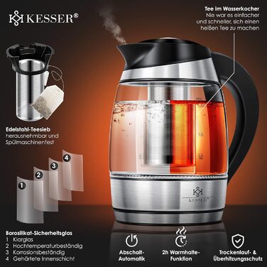 Електричний чайник KESSER 1,8л зі скляним корпусом та нержавіючої сталі, LED-підсвіткою, вибором температури (60-100°C), функцією підігріву, фільтром від накипу та ситечком для чаю, чорний/сріблястий