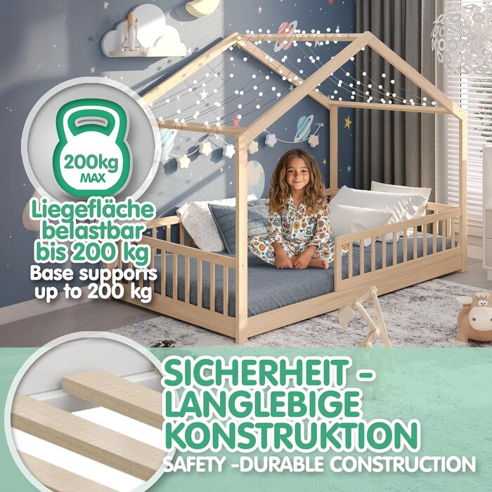 CADANI Мальте: ліжко-будинок для дітей 120x200 см, біле, Montessori, з бортиками, трансформується, з ламелями, до 200 кг