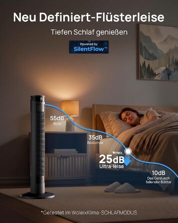 Тихий вежний вентилятор з пультом 25dB, 40W, 4 режими, 75° осциляція, таймер 12 год, 93 см