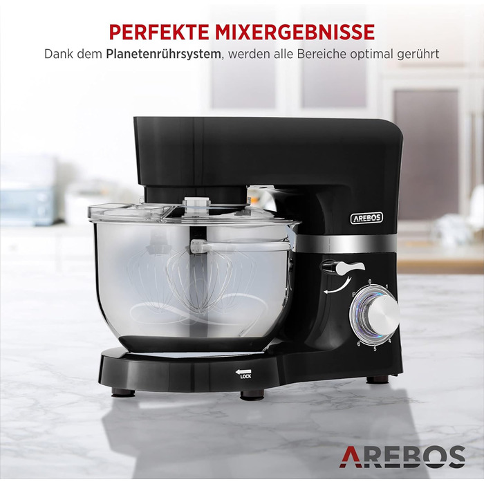 Кухонна машина Arebos 1500W чорного кольору | Міксер з 2 чашами з нержавіючої сталі 4.5 та 5.5L | Тиха робота | 6 швидкостей, набір насадок (крюк для тіста, вінчик, гак для збивання)