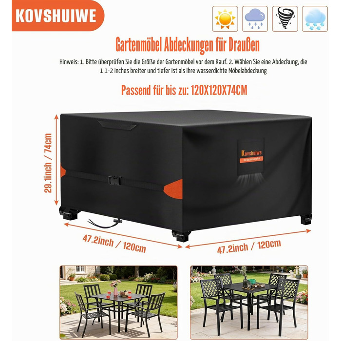 Чохол для садових меблів Kovshuiwe 120x120x74 см, водонепроникний, вітрозахисний, UV-стійкий, 420D