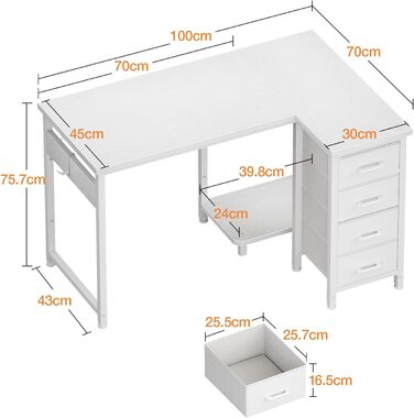 Кутовий письмовий стіл Coleshome L-подібний, 100x70 см, з 4 шухлядами, реверсивний комп'ютерний стіл для офісу та спальні, білий