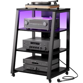 Polycote HiFi тумба з полицями на колесах, регульовані полиці, стійка для програвача з розетками та LED підсвіткою, коричнево-чорна, 60x55x90 см