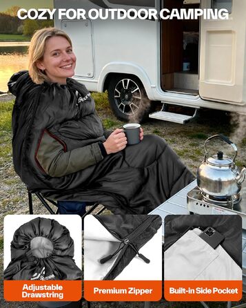 Спальний мішок Sportneer Outdoor у формі ковдри (220×85 см), чорний, температурний режим +10...+26 °C, з отворами для рук