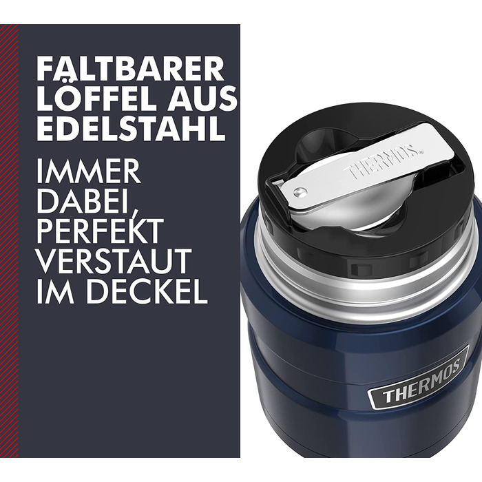 Термос для їжі Thermos Stainless King 470 мл з ложкою, нержавіюча сталь, зберігає тепло 6 годин/холод 24 години, герметичний, для супу та мюслі, підходить для посудомийної машини, Midnight Blue