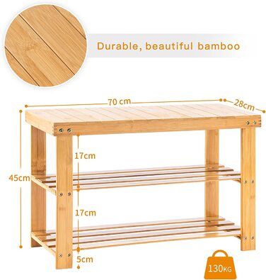 Бамбукова лавка для взуття APICIZON, 70x28x45 см, з сидінням, 3 полиці, для передпокою, вітальні, ванної, натуральний колір