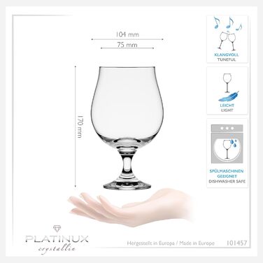 Набір келихів для пива PLATINUX 500 мл, 6 шт, кришталеве скло, бочкоподібні келихи-тюльпани