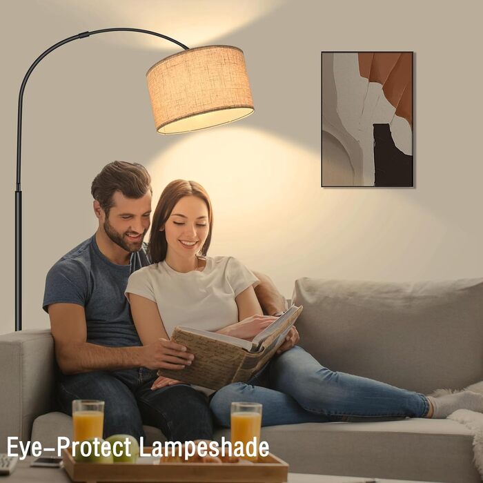 Торшер Fortand для вітальні, LED 12W, 3 режими, з абажуром з льону, ретро-стиль, стійка лампа для читання, E27, з ножним вимикачем, для спальні та вітальні