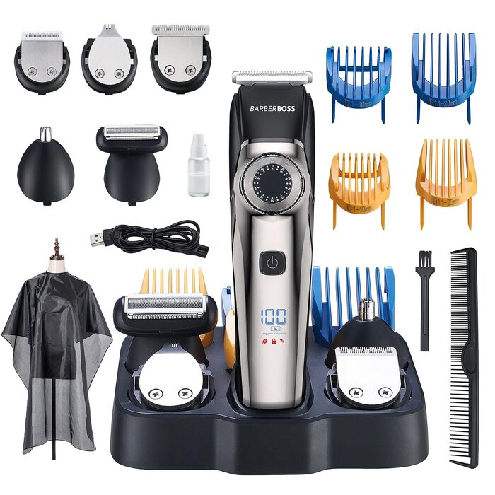 Машинка для стрижки волосся та бороди BarberBoss QR-6083, тример для носа, 39 рівнів, керамічне лезо, водостійка, LED-дисплей