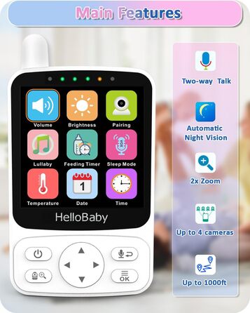 Радіоняня HelloBaby з камерою, 29 год автономії, поворотна камера 318°/120°, нічний режим, 2-сторонній зв'язок HB6240