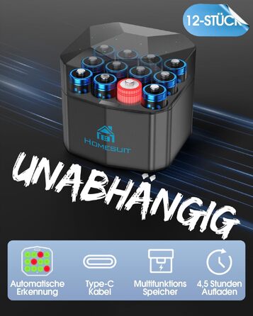 Набір акумуляторів Homesuit AA 1.5V 3600mWh (12 шт.) літієві перезарядні батарейки з пристроєм швидкої зарядки для іграшок, фотокамер та електроніки