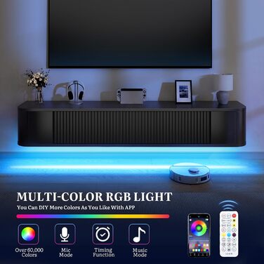 Підвісна тумба під телевізор YITAHOME 140 см з RGB підсвіткою, чорний глянцевий, настінна полиця для вітальні та спальні, великий об'єм зберігання 140x25x20 см