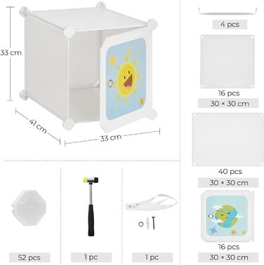 Модульна шафа для одягу SONGMICS, 16 кубів, 4 штанги, біла, 123x41x123 см, для дитячої кімнати, органайзер для зберігання
