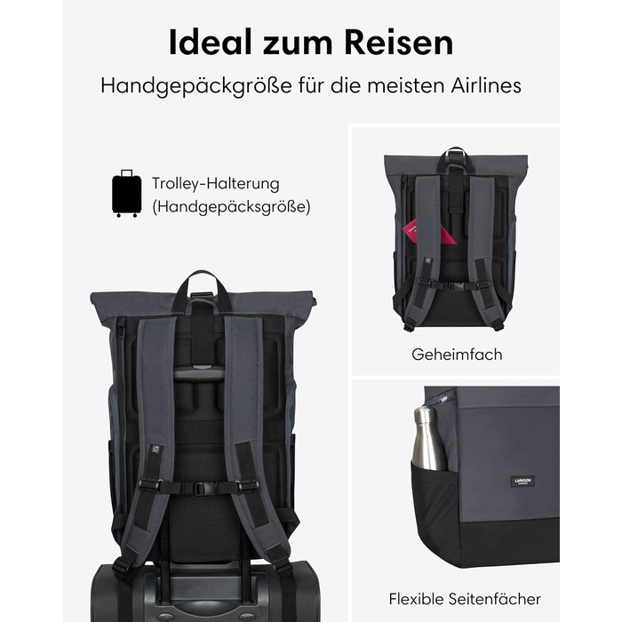 Рюкзак LARKSON Rolltop 21 л для ноутбука 16'' сірий — універсальний міський рюкзак для жінок і чоловіків, для університету, роботи, велосипеда, подорожей, з відділенням для ноутбука та кріпленням на валізу