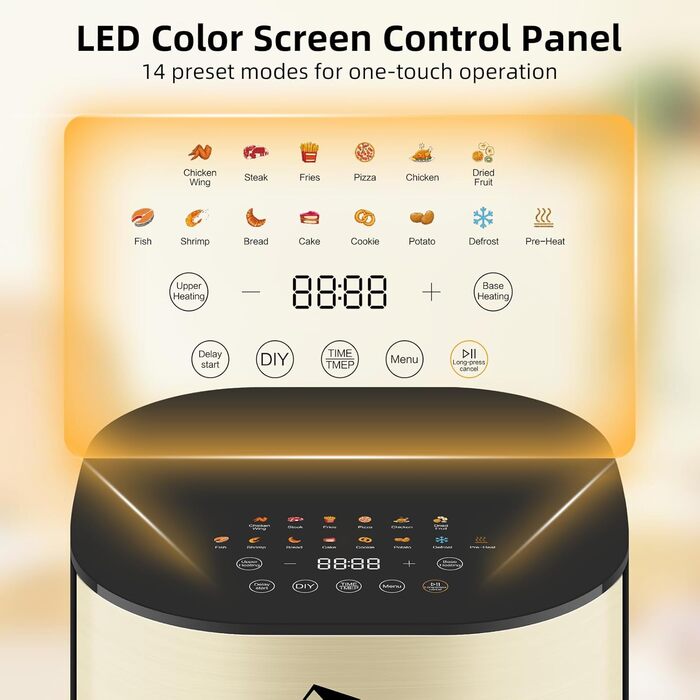 Електрична аерофритюрниця Uten Dual Blaze 2000 Вт, 5,5 л, 14 програм, без олії, із віконцем, золота, квадратна
