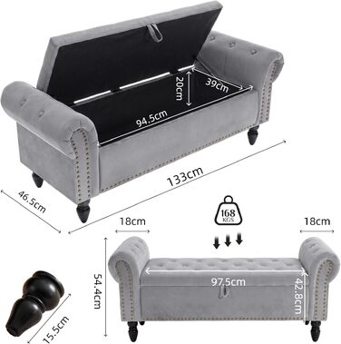 Банкетка в спальню Clevich з органайзером для зберігання, 133 см, оксамитова банкетка з газліфтом та дерев'яними ніжками, світло-сіра (133 x 46 x 53 см)