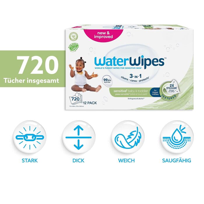 Дитячі вологі серветки WaterWipes Sensitive+ для немовлят та дітей, 99,9% води, 12 пакок по 60 шт (загалом 720 шт)