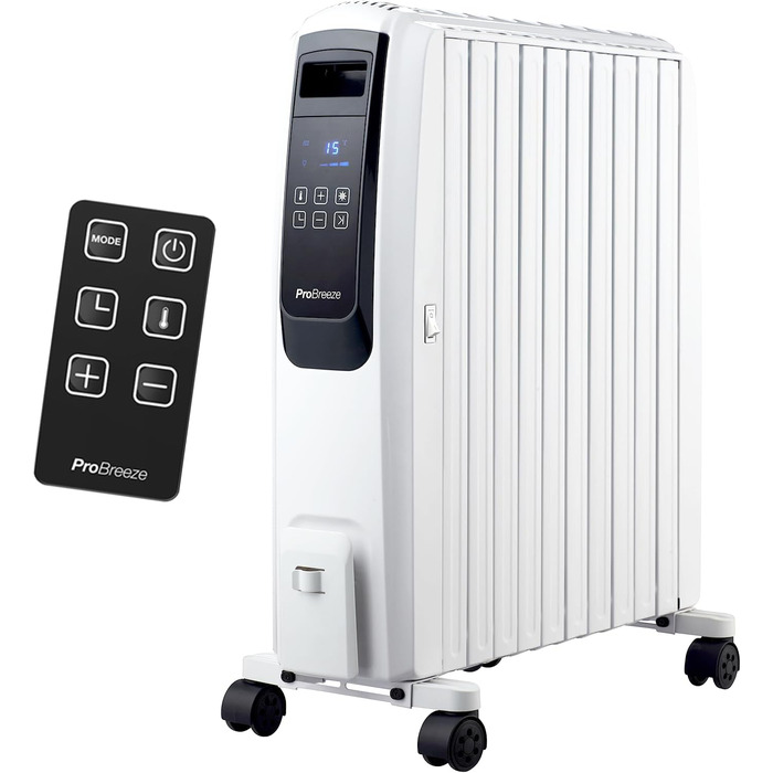 Масляний радіатор Pro Breeze Premium 2500Вт, енергозберігаючий, електричний, 10 секцій, цифровий дисплей, пульт, 4 режими нагріву, таймер 24 год, термостат, захист від перегріву
