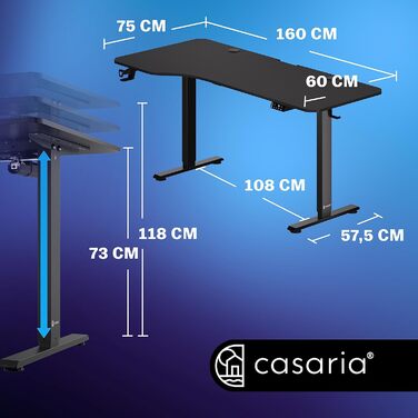 Електричний стіл Casaria 160x75 см, регульований, з тримачем для навушників і чашки, для офісу, геймінгу, комп'ютера, чорний, карбонова поверхня