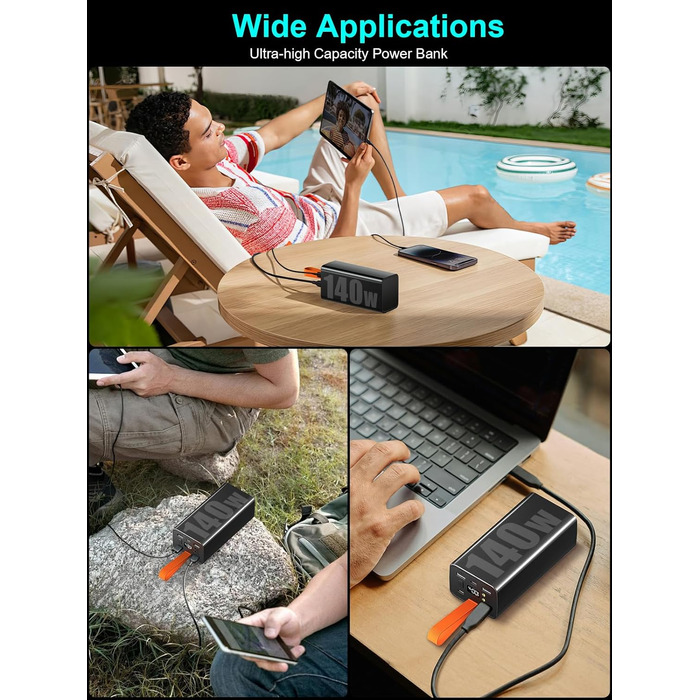 Портативний акумулятор 140W 70000mAh з 5 виходами USB-C, PD3.1, QC4.0, LED дисплеєм та ліхтариком. Чорний. Для ноутбука, телефону, планшета. Ідеально для подорожей, кемпінгу та активного відпочинку на природі.