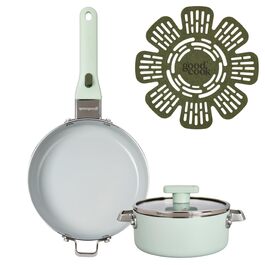Набір посуду GoodCook Keramik 14 предметів з антипригарним покриттям, знімними ручками, для індукції та духовки, м'ятно-зелений (включає сковороду 20.3 см)
