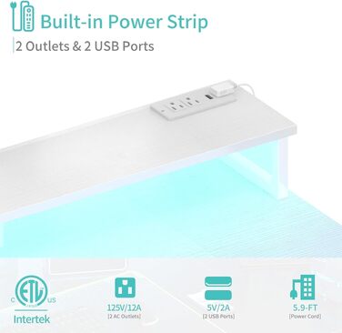 Білий комп'ютерний стіл Lufeiya для геймінгу та офісу (119.4 см) з LED-підсвіткою, підставкою для монітора та розетками