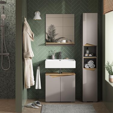 Висока шафа для ванної Vicco Marelle, грейж/дуб Артизан, 30x180 см, з дверцятами та відкритими полицями