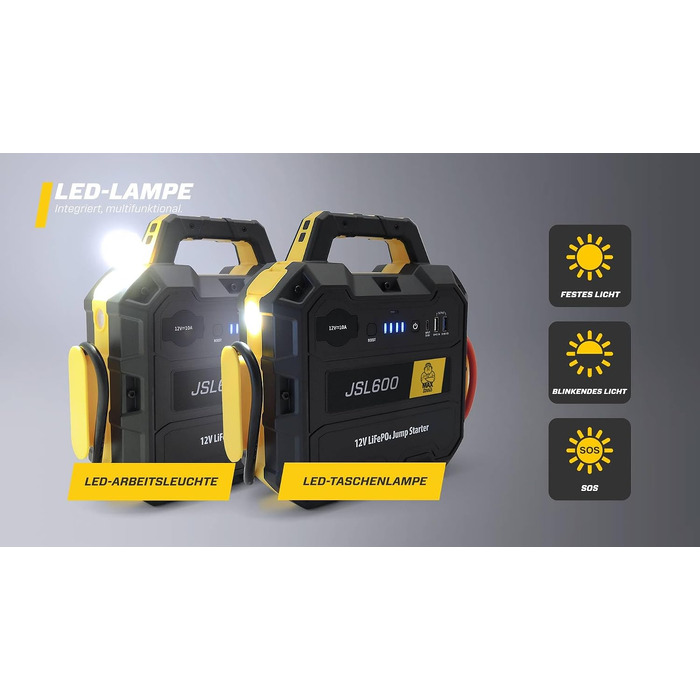 Бустерний пускач MAXTOOLS JS500 2200A 22Ah для авто та мікроавтобусів 12V (бензин/дизель), Powerbank з LED-ліхтарем та USB-портом