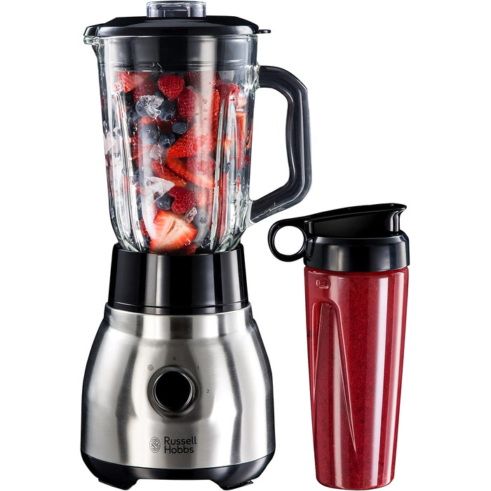 Блендер стаціонарний Russell Hobbs 2-в-1 зі скляною чашею 1.5л та міні-блендером для смузі 0.6л - подрібнювач льоду, BPA-free, нержавіюча сталь 23821-56
