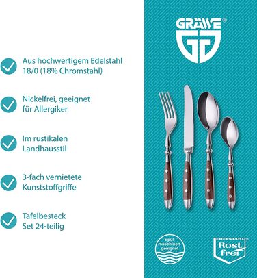 Набір столових приборів GRÄWE Nürnberg для 6 осіб, 24 предмети, нержавіюча сталь, ковані, важкі, з коричневими ручками, стиль рустик