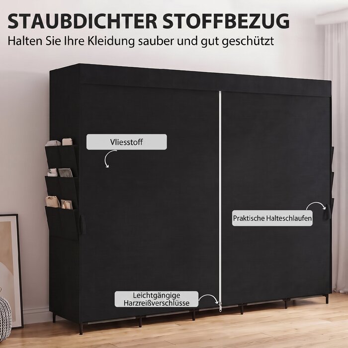 Тканинна шафа для одягу, пилозахисна, портативна, 5 штанги, 212 x 45 x 167 см, чорна