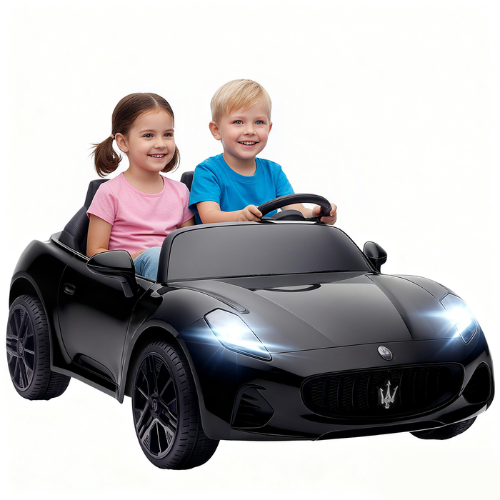 Дитячий електромобіль Maserati, 2 місця, акумулятор 12V, пульт дистанційного керування, світлодіодні фари, музична панель, чорний колір