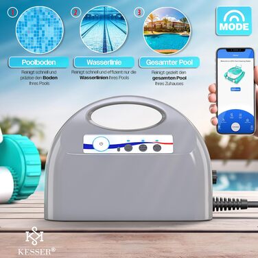 Робот-пилосос для басейну KESSER® для дна та стін (до 100 м²), з Wi-Fi керуванням та очищенням водолінії, для вбудованих басейнів, біло-бірюзовий
