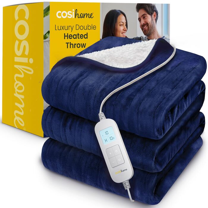 Електрична електроковдра Cosi Home 200x150 см з автоматичним вимкненням та захистом від перегріву, 10 рівнів підігріву, матеріал фліс та шерпа, темно-синя