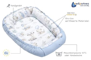 Дитяче гніздо-лежак Medi Partners з бавовни Waffle, 100x60x15 см, для немовлят, з принтом оленя та їжака, світло-блакитне, безпечний замок, переносне ліжечко