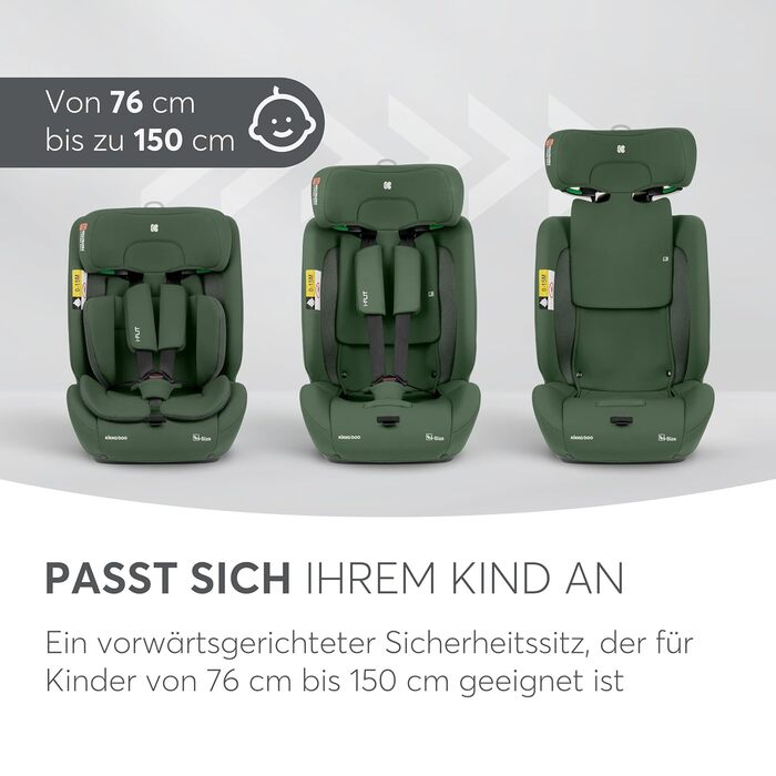 Автокрісло KikkaBoo i-Size i-FLIT 9-36 кг ISOFIX, група 1/2/3, 15 міс. - 12 років, з SPS та Top Tether, регульована підголовник, військовий зелений