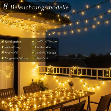 Світлодіодна гірлянда для вулиці 25м, 500 LED, теплий білий колір, IP44 вологозахищена, з пультом, таймером та 8 режимами роботи, зелений кабель для саду та тераси