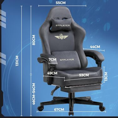 Ігрове крісло GTPLAYER, ергономічне офісне крісло з дихаючої тканини, регульована спинка 160°, висувна підставка для ніг, сіре