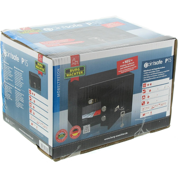 Сейф Burg-Wächter PointSafe P 1 S з двома ключами, для меблів, чорний, 180x280x200 мм, монтаж на стіну та підлогу